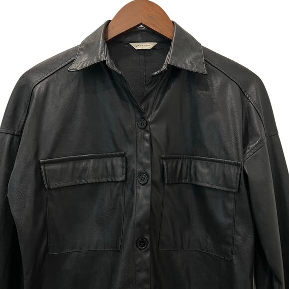 Max Studio Faux Leather Button Down Shirt Black Edgy Streetwear Women’s Medium - Picture 3 of 15